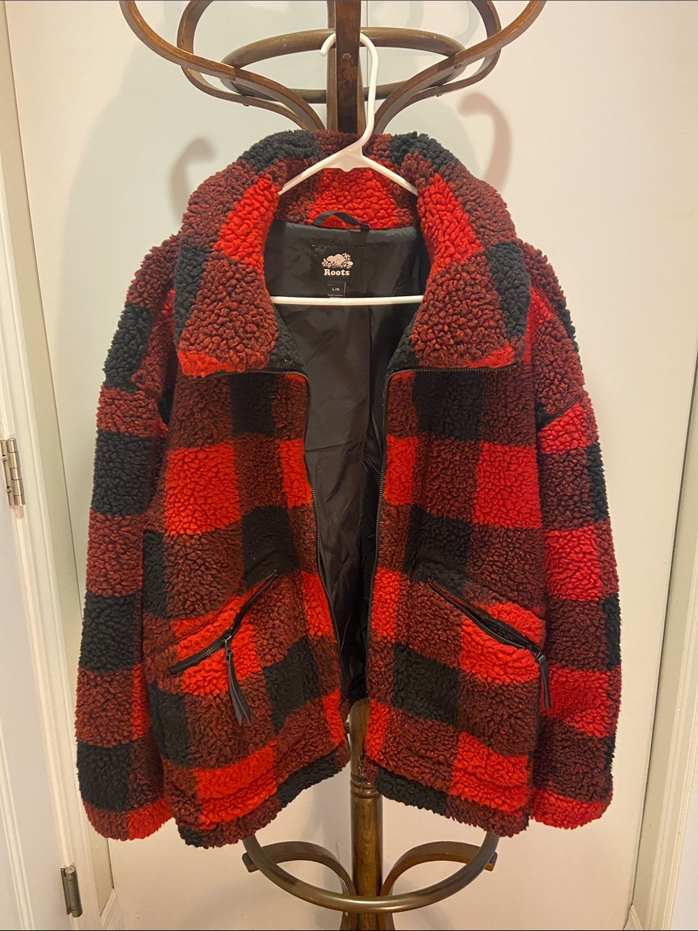 Roots Red and Black Buffalo Plaid Teddy Jacket